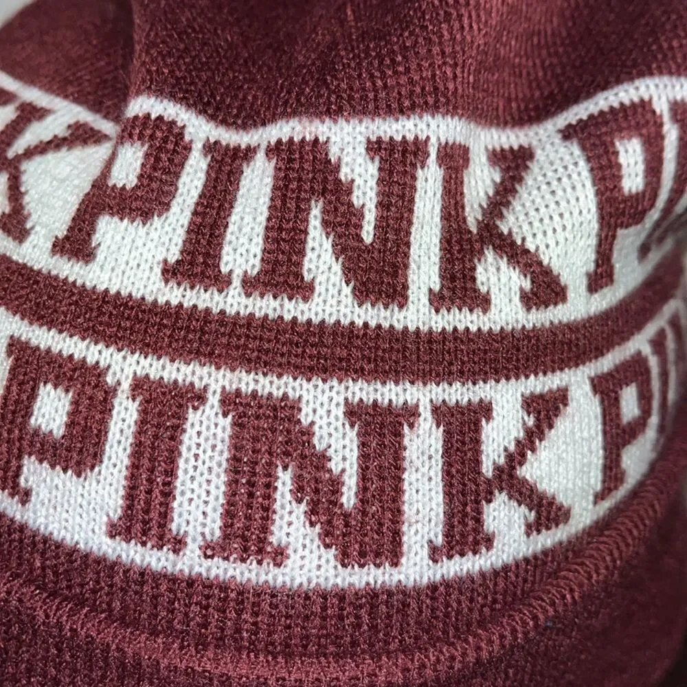 Victoria's Secret PINK Pompom Logo Knit Beanie Tobbogan Toque cap hat 2 tone